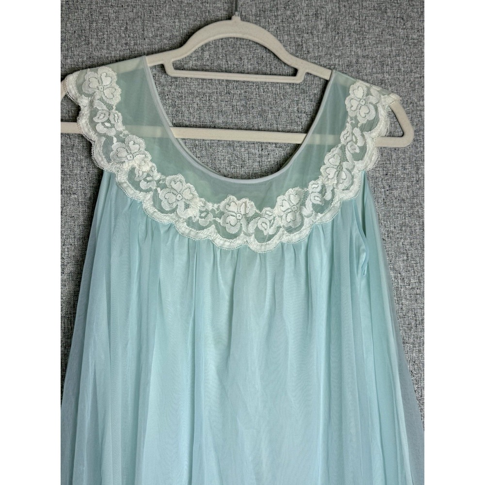 Vintage 60s Sea Foam Blue Green Lace Chiffon Nightgown Nightie Babydoll Robe LG - Picture 4 of 10